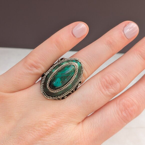 Vintage 800 Silver Malachite Mosaic Filigree Statement Ring – Size 7 - Picture 1 of 8